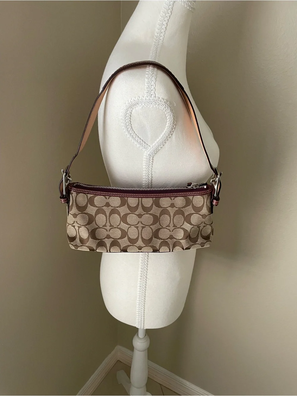 Vintage Coach 7039 Signature Stripe Suede Demi Baguette Shoulder Bag